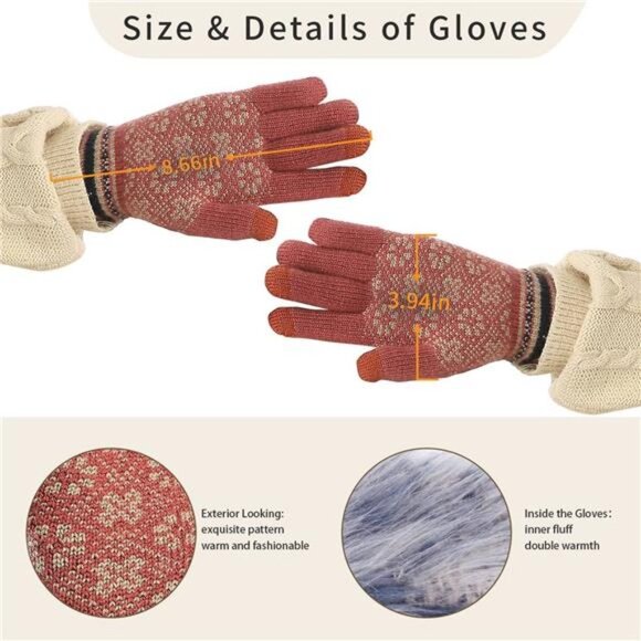 Women\'s Snowflake Print Beanie Hat Scarf Touch Screen Gloves Set with Pom